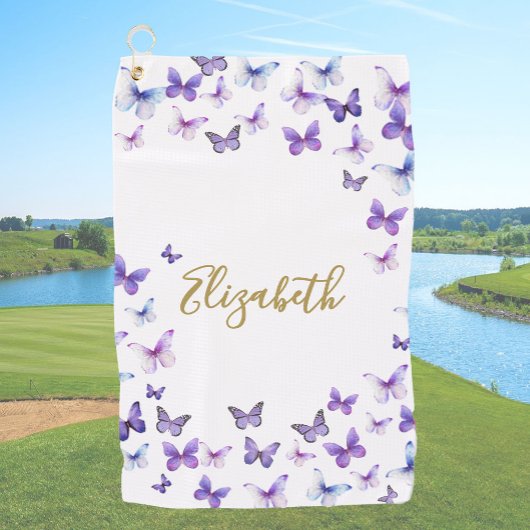 Mooie Paarse Vlinders Aangepaste Naam Dames Golfhanddoek