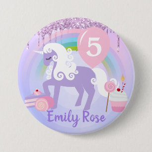 Mooie paarse & witte eenhoorn traktaties verjaarda ronde button 7,6 cm