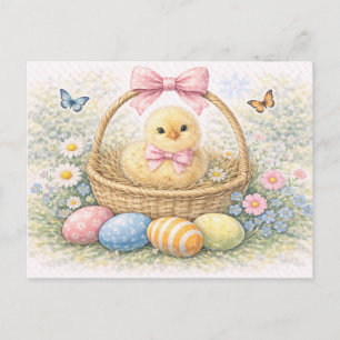 Mooie Paashaas in Mandje Aquarel Ansichtkaart Feestdagenkaart