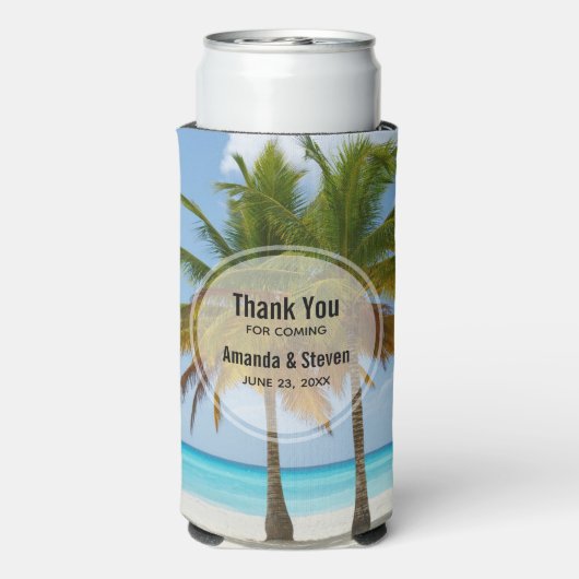 Mooie palmbomen op een tropisch strand bruiloft seltzer blikjeskoeler (Seltzer Achterkant)
