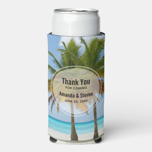 Mooie palmbomen op een tropisch strand bruiloft seltzer blikjeskoeler (Seltzer Voorkant)