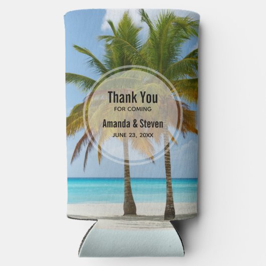 Mooie palmbomen op een tropisch strand bruiloft seltzer blikjeskoeler (Achterkant)