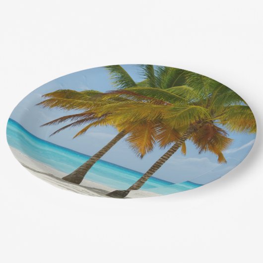 Mooie palmbomen op een tropisch strand papieren bordje (Gekanteld)