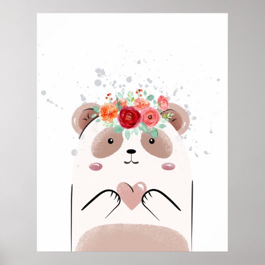Mooie Panda Roze Hart Waterverf Bloemen Slaapkamer Poster (Voorkant)