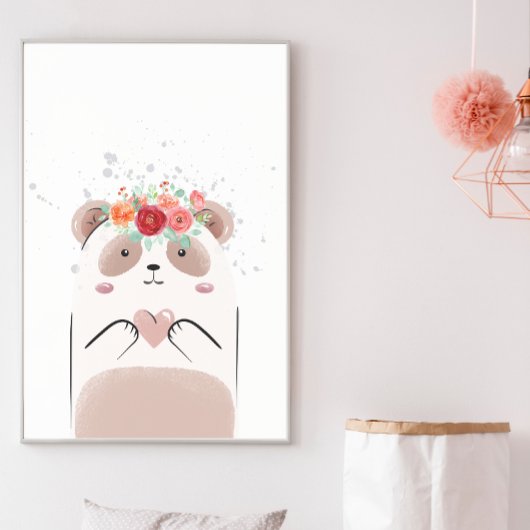 Mooie Panda Roze Hart Waterverf Bloemen Slaapkamer Poster