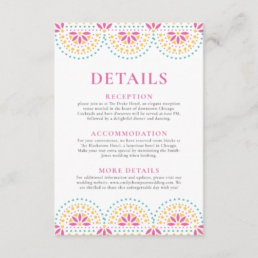 Mooie Papel Picado Mexicaanse bruiloft details Informatiekaartje (Voorkant)
