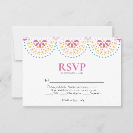 Mooie Papel Picado Mexicaanse bruiloft RSVP Kaartje (Voorkant)