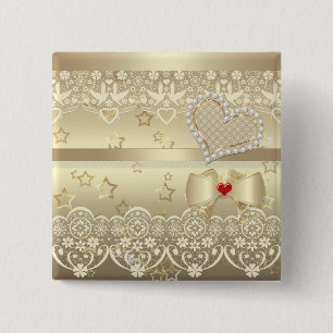 Mooie parelkralen met glitter lace gouden hartslag vierkante button 5,1 cm