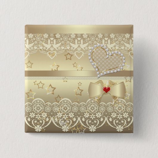 Mooie parelkralen met glitter lace gouden hartslag vierkante button 5,1 cm (Voorkant)