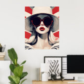 Mooie Parijse vrouw in rode zonnebril Poster (Thuiskantoor)