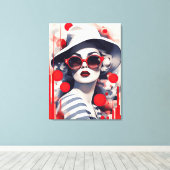 Mooie Parijse vrouw in zonnebril en pet Canvas Afdruk (Insitu (Houten vloer))