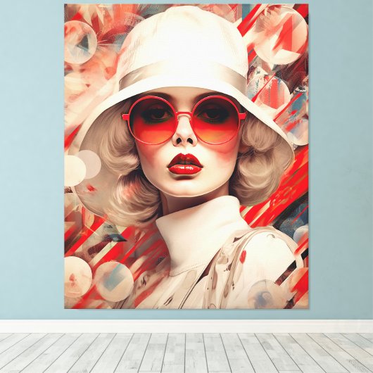 Mooie Parijse vrouw in zonnebril en pet Canvas Afdruk (Insitu (Houten vloer))