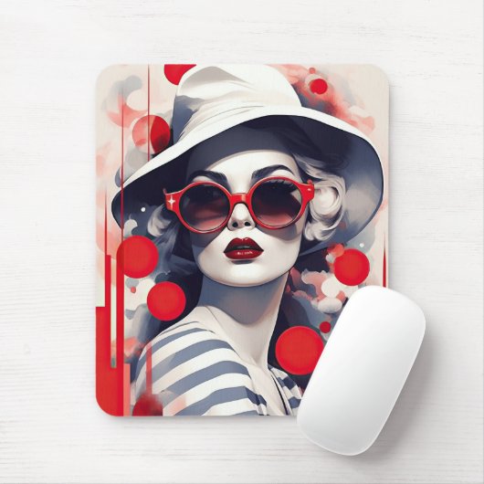 Mooie Parijse vrouw in zonnebril en pet Muismat (Met muis)