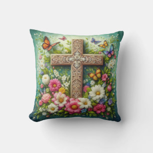 Mooie Pasen bloemenkruis met vlinders Kussen