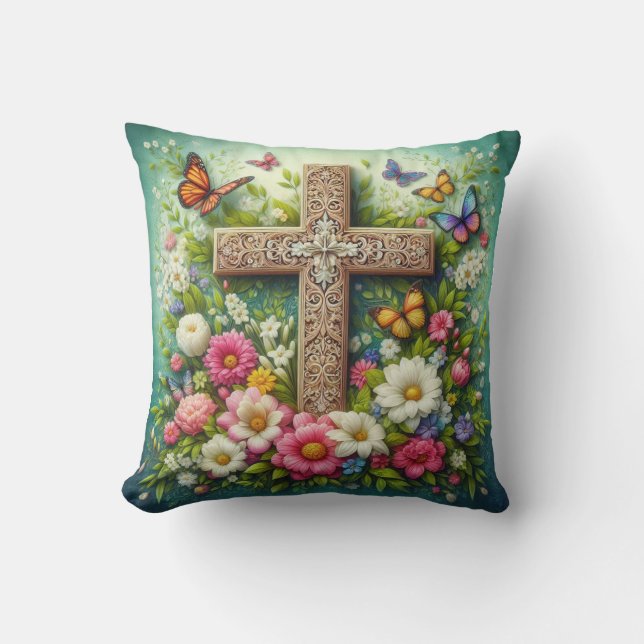 Mooie Pasen bloemenkruis met vlinders Kussen (Voorkant)