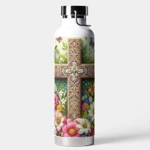 Mooie Pasen bloemenkruis met vlinders Waterfles