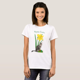 Mooie Pasen Kat en Narcissen Witte T-Shirt