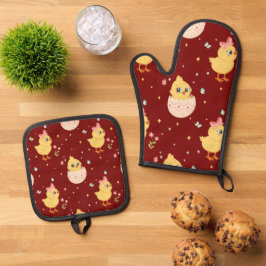 Mooie Pasen Kuiken met Roze Strik Naadloos Patroon Ovenwant & Pannenlap Set