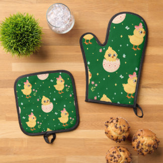 Mooie Pasen Kuiken met Roze Strik Naadloos Patroon Ovenwant & Pannenlap Set