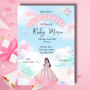 Mooie Pastel Anime Meisje Quinceanera Uitnodiging