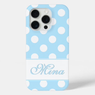 Mooie pastel blauw, grote polka stippen, aangepast iPhone 15 pro case
