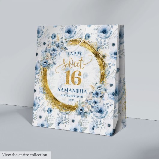 Mooie Pastel Blauw Sweet 16 Gouden Glitter Tassen Medium Cadeauzakje