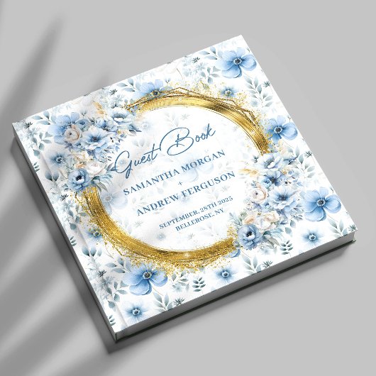 Mooie Pastel Blauwe Bloemen Gouden Glitter Huwelij Gastenboek