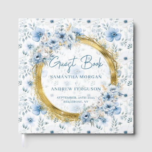 Mooie Pastel Blauwe Bloemen Gouden Glitter Huwelij Gastenboek (Voorkant)