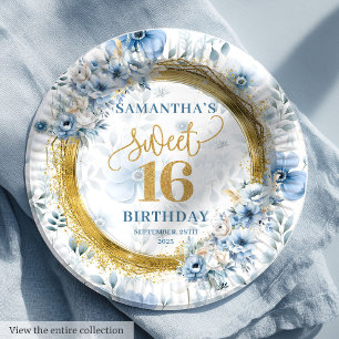 Mooie Pastel Blue Sweet 16 Gold Glitter Borden Papieren Bordje