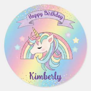 Mooie Pastel Eenhoorn & Glanzende Regenboog Gouden Ronde Sticker