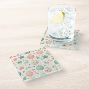 Mooie Pastel Kerst Patroon Ornamenten en Sterren Glazen Onderzetter
