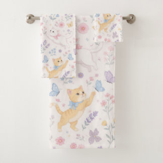 Mooie Pastel Kittens en Vlinders Bloemen Bad Handdoek