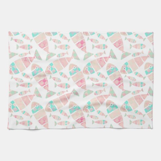 Mooie pastel nautische vis Waterverf patroon | Theedoek (Horizontaal)