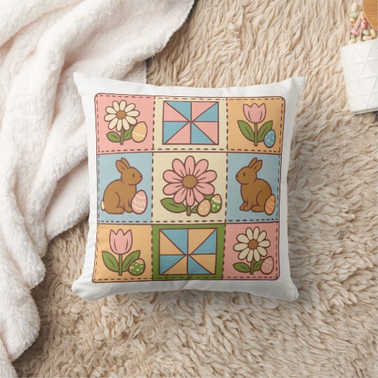 Mooie Pastel Paashaas Bloem Patchwork  Kussen (Deken)
