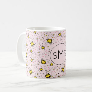 Mooie Pastel Roze Kroon Doodle Patroon Monogram Koffiemok