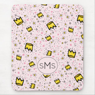 Mooie Pastel Roze Kroon Doodle Patroon Monogram Muismat
