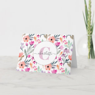 Mooie Pastel Waterverf Bloemen Monogram Kaart