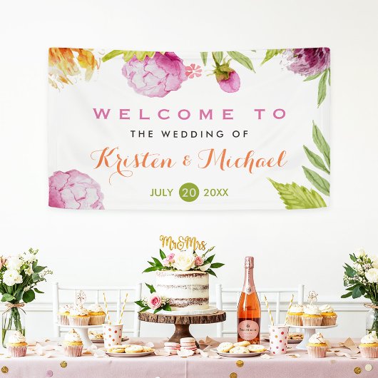 Mooie pastel Waterverf Floral Wedding Party Spandoek