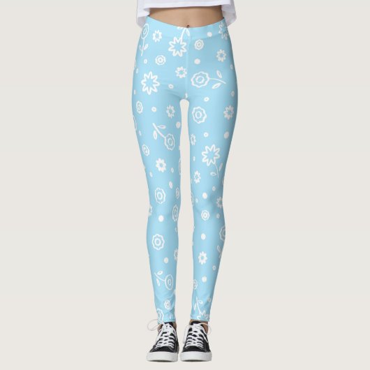 Mooie Pastelblauwe Bloemmotief Leggings (Voorkant)