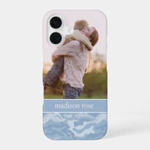 Mooie pastelblauwe camouflage gepersonaliseerde fo iPhone 16 hoesje