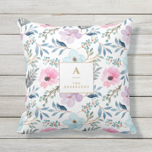 Mooie Pastelblauwe Waterverf Bloemen Monogram Buitenkussen