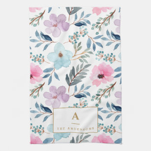 Mooie pastelblauwe waterverf bloemen monogram  theedoek