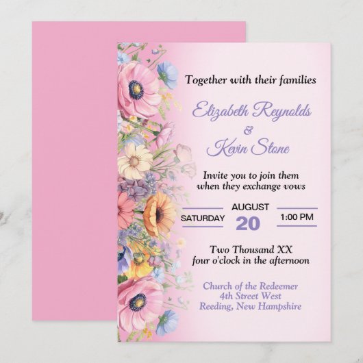 Mooie pastelbloemen bruiloft kaart (Voorkant / Achterkant)