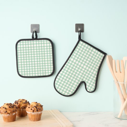 Mooie pastelgroene Gingham Ovenwant & Pannenlap Set (Insitu(Ophanging))