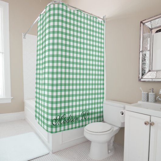 Mooie Pastelgroene Gingham Patroon Douchegordijn (In situ)