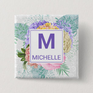Mooie Pastelkleuren Lente Bloemen Monogram Vierkante Button 5,1 Cm