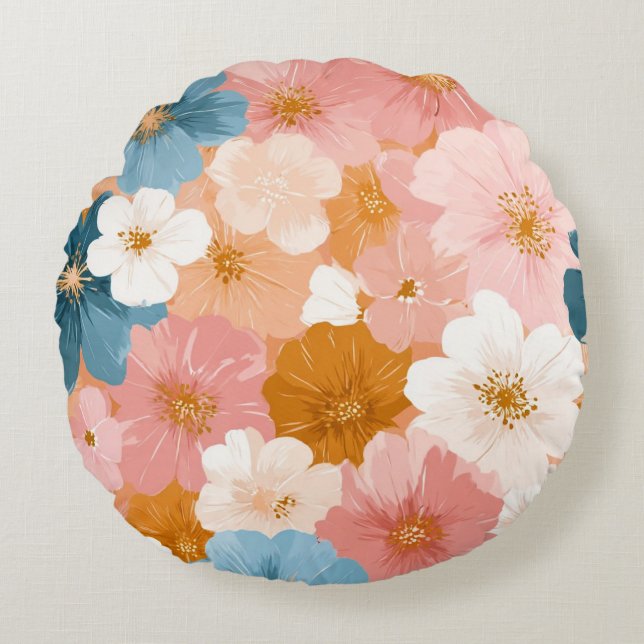 Mooie Pastelkleurig Bloemmotief Rond Kussen (Voorkant)