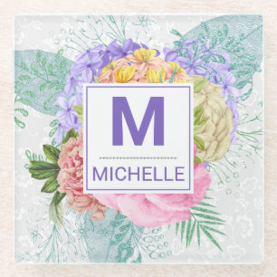 Mooie Pastelkleurige Lente Bloemen Monogram Glazen Onderzetter