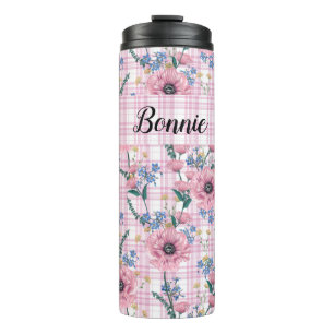 MOOIE PASTELRODE BLOEMEN MET RUITJES PATRONEN THERMOSBEKER