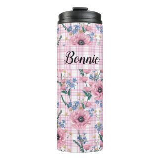 MOOIE PASTELRODE BLOEMEN MET RUITJES PATRONEN THERMOSBEKER